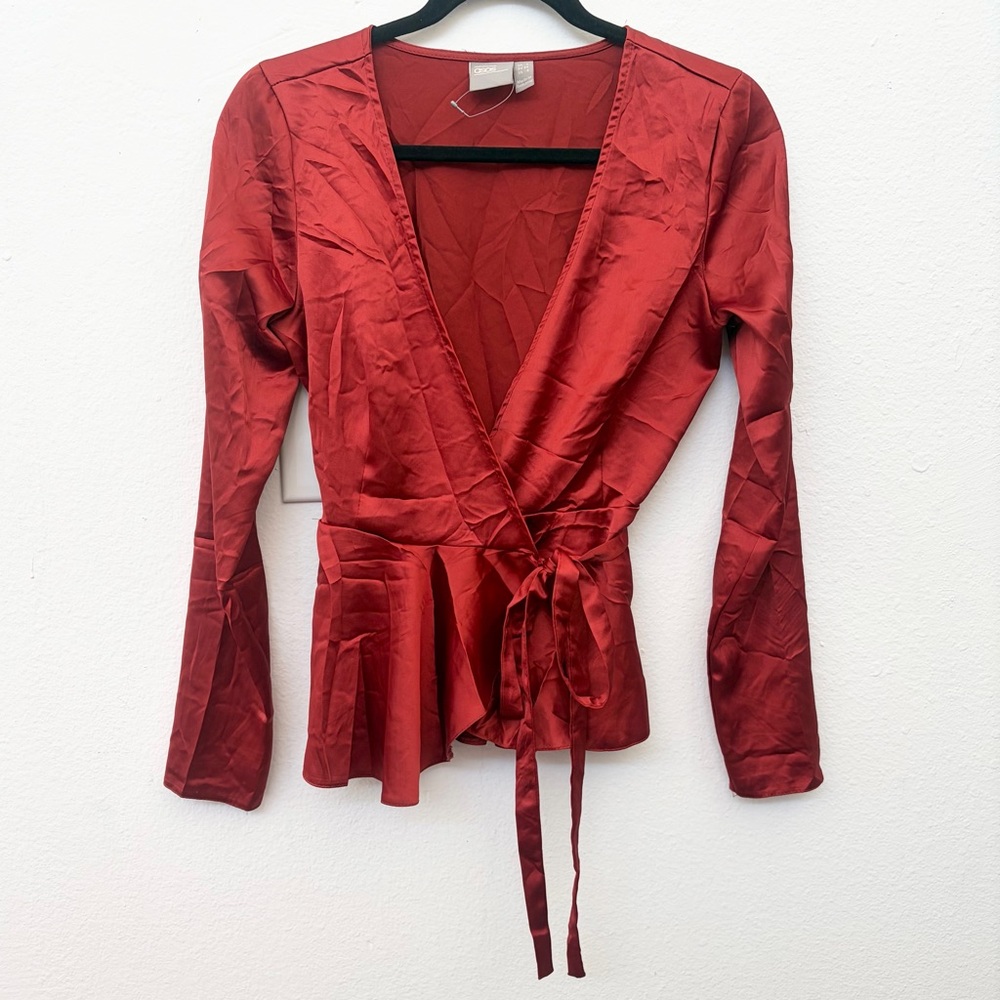 Asos Red Satin Long Sleeve Wrap Blouse Women's Size 2 XS NWOT